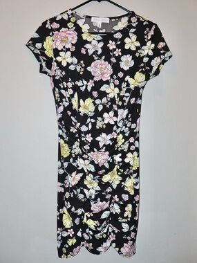 Planet Gold Black Floral Ruched Short Sleeve Sheath Dress